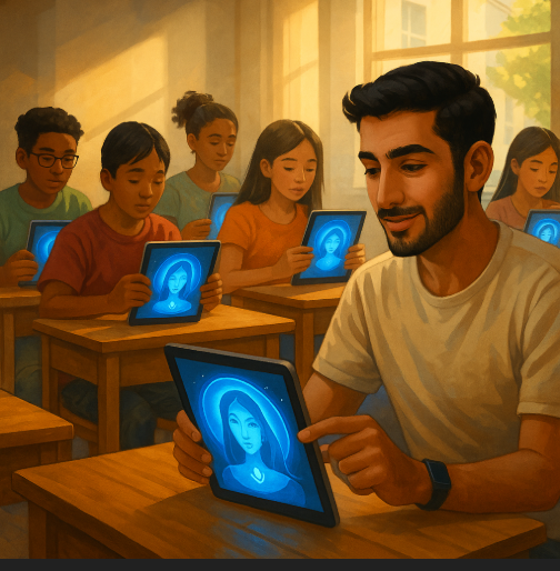Students talking with Ada